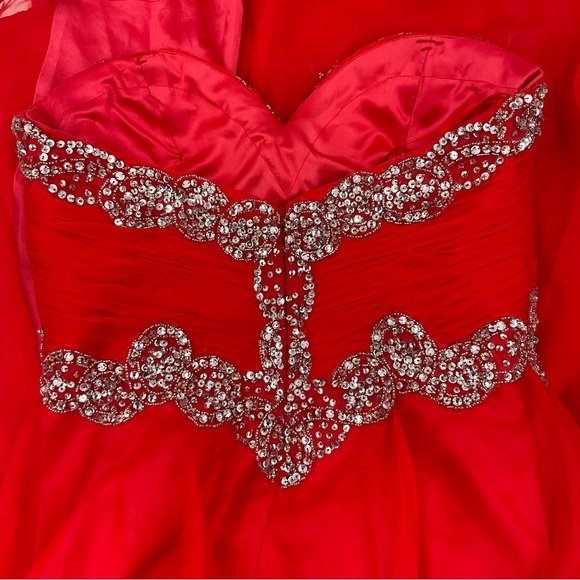 Mac Duggal Strapless Red Gown with Silver Detailing - Picture 4 of 16